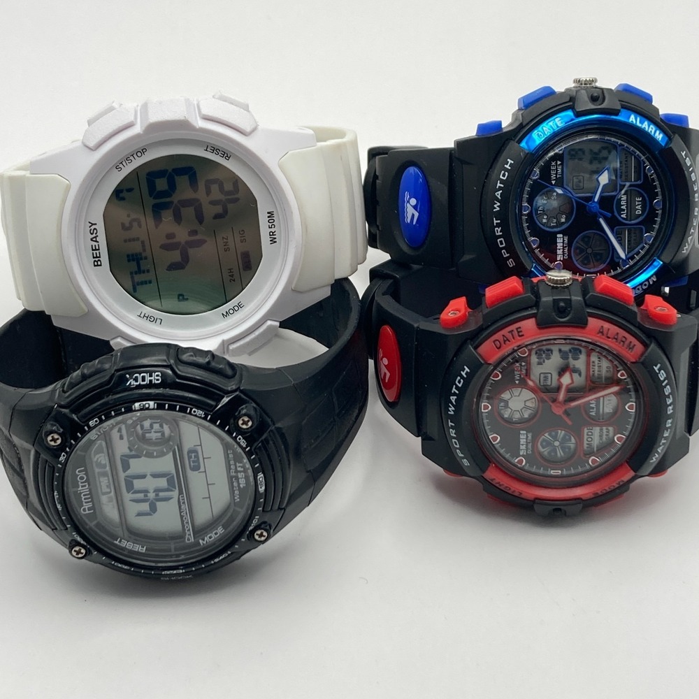 Lot of 4 Men's Watches Digital Armitron Skmei Black White Red Alarm Date Chrono